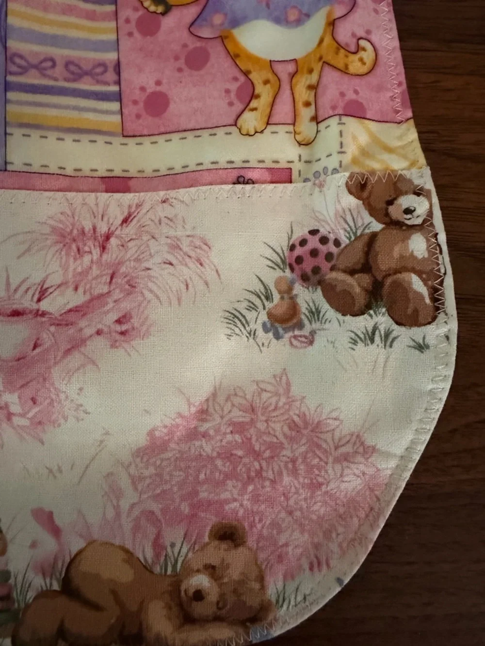 NEW Pink Patchwork Reversible Baby Girl Bib. Cats, Teddy Bears, Fairies Handmade